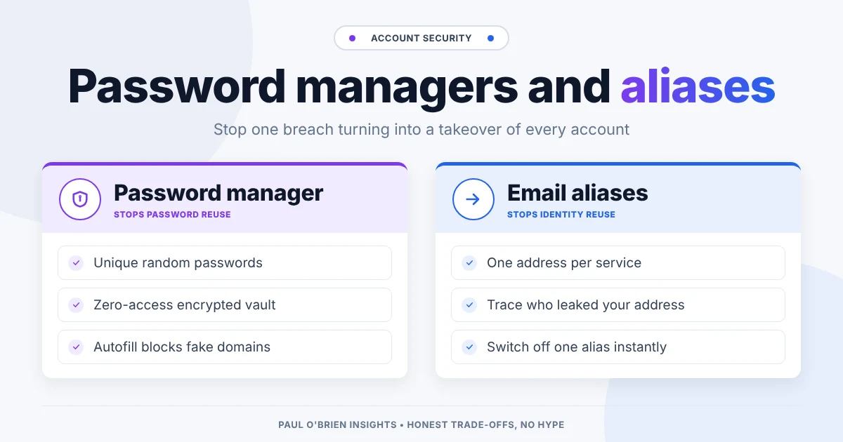 Header graphic comparing what a password manager stops with what email aliases stop, for limiting the damage from a data breach.