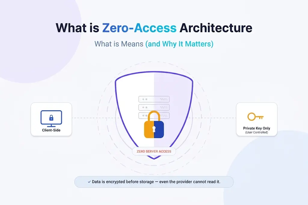 Light-themed diagram of Zero-Access Architecture showing client-side encryption, server security with a padlock, and private keys on a pale purple gradient background.