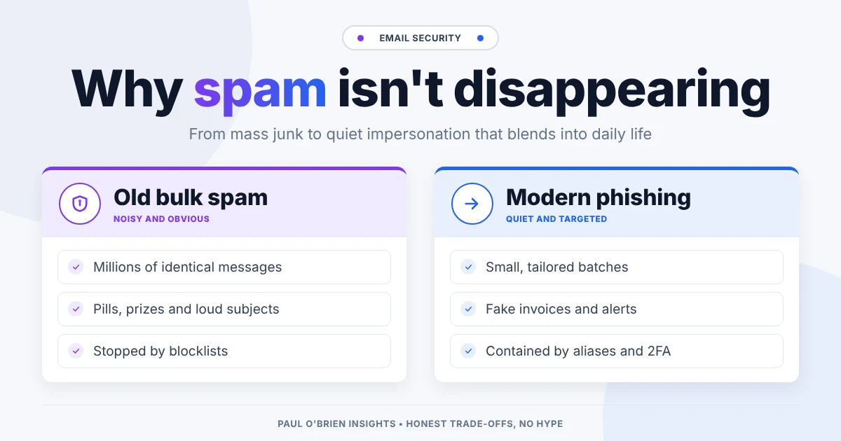 Header comparing old bulk spam with modern targeted phishing, showing how spam changed shape rather than disappearing.