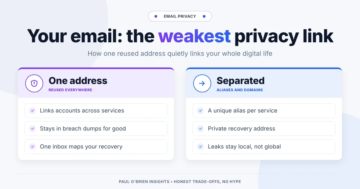 Header contrasting one email address reused everywhere with separated aliases and a private recovery address.