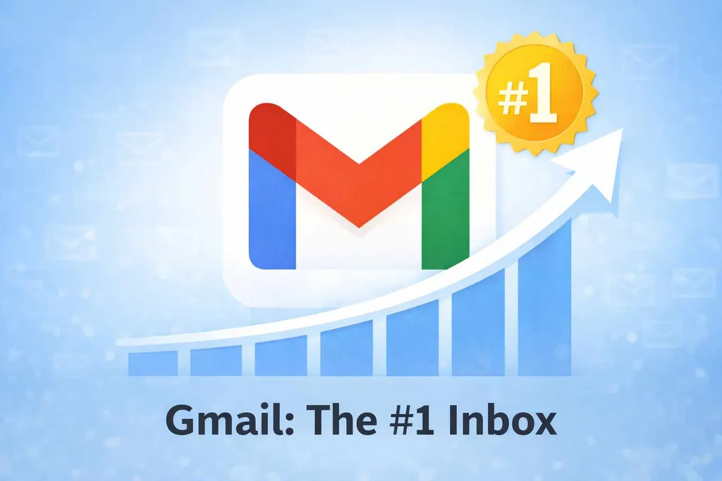 Gmail illustrated as the world’s default email provider, showing long-term user growth and dominance.