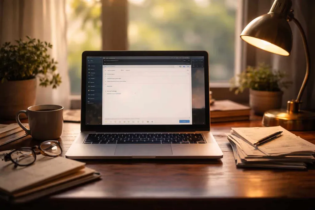 Laptop open to an email draft on a desk with handwritten notes and warm lighting