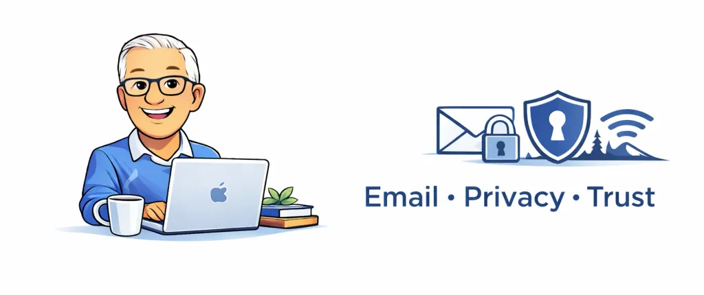Illustration of Paul O’Brien with email and security motifs, representing writing on email, privacy, and digital systems.