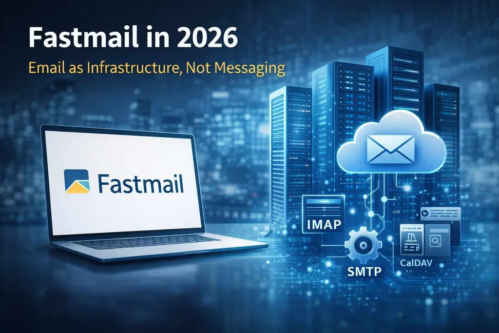 Illustration of Fastmail with laptop, server racks, cloud email icon, and open standards symbols representing email infrastructure in 2026.