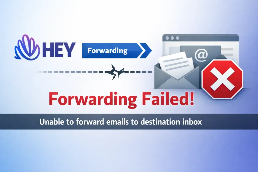 Diagram showing HEY forwarding failing before mail reaches the destination inbox