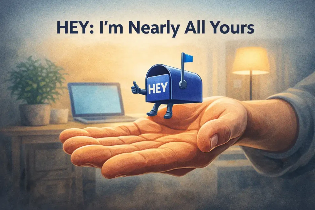 Illustration of a hand holding a small HEY mailbox mascot in a cosy home office, with the text ‘HEY: I’m Nearly All Yours’ above.