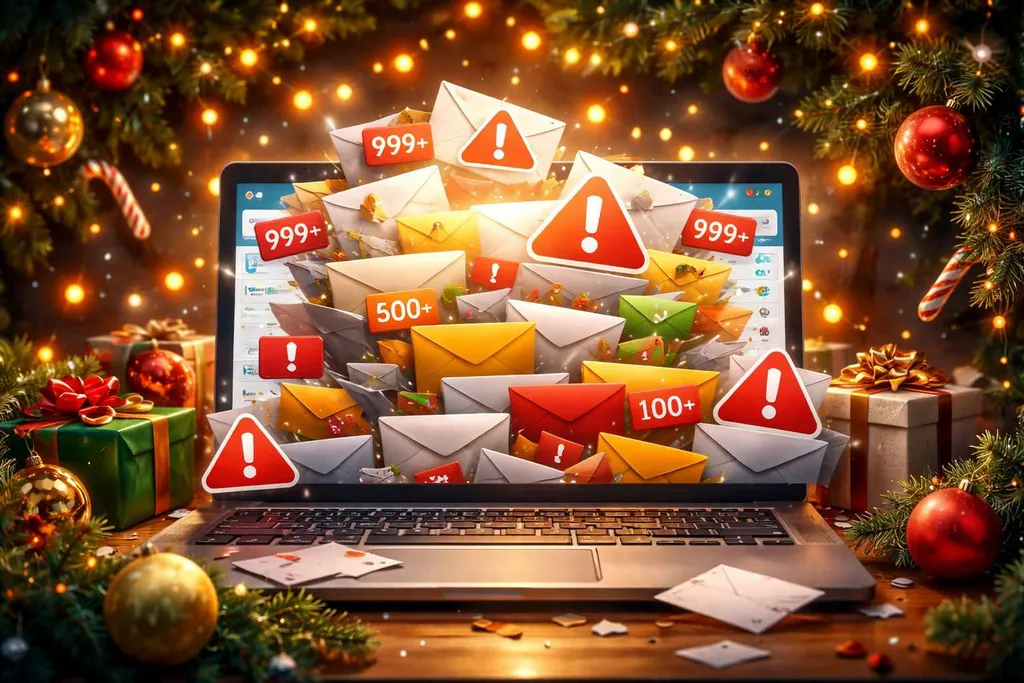 Overcrowded email inbox filled with holiday promotions and marketing messages