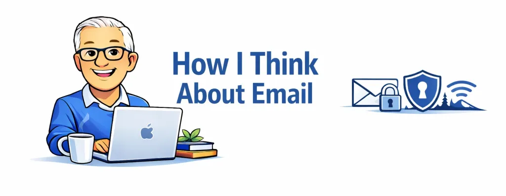 Illustration of a person working at a laptop with email and security icons.