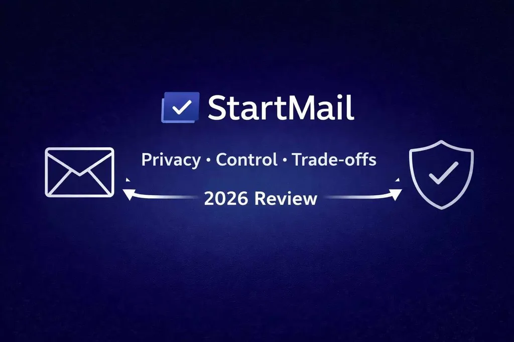 StartMail review graphic showing privacy, control, trade-offs, and “2026 Review