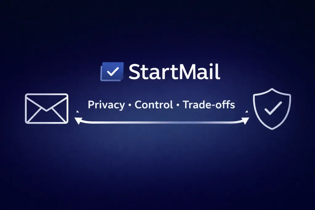 Illustration showing StartMail positioned between an email envelope and a shield, representing privacy, control, and trade-offs