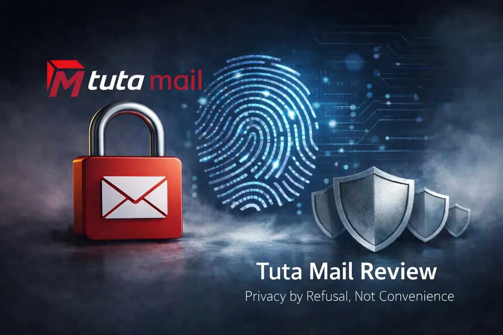 Tuta Mail review feature image showing encrypted email padlock, fingerprint and security shields