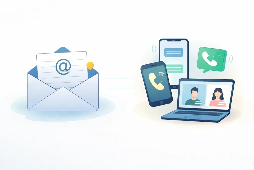 Illustration comparing email with phone calls, chat messages, and video meetings as different communication methods