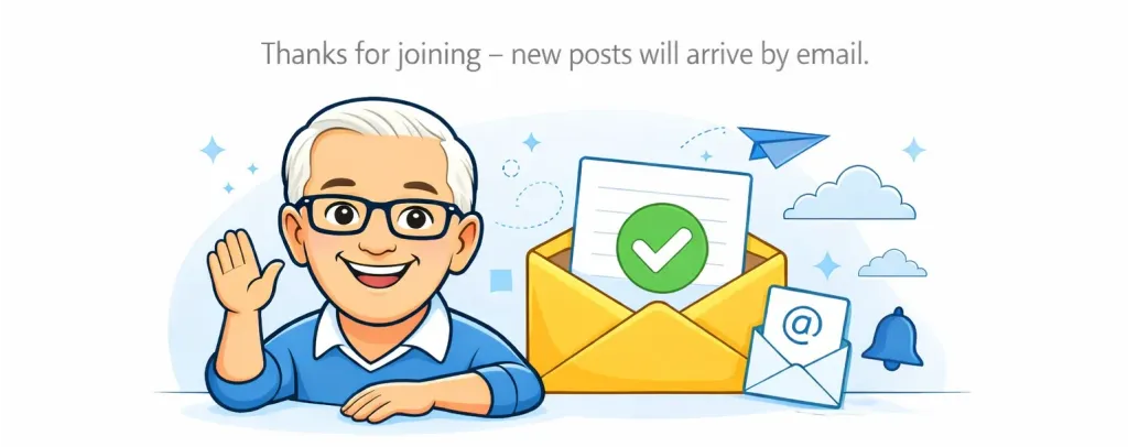 Illustration of Paul O’Brien smiling next to a confirmation email, representing successful newsletter subscription.