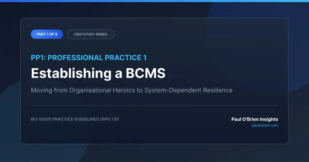 Graphic cover for CBCI Study Series Part 1 titled PP1: Professional Practice 1 - Establishing a BCMS.