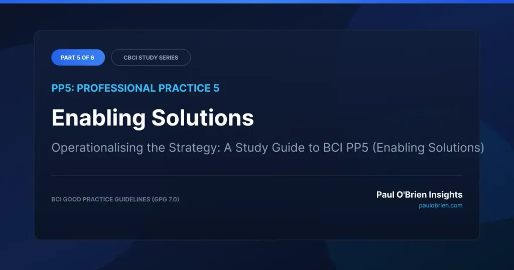 Dark blue banner titled "PP5: Professional Practice 5 - Enabling Solutions" by Paul O'Brien Insights.