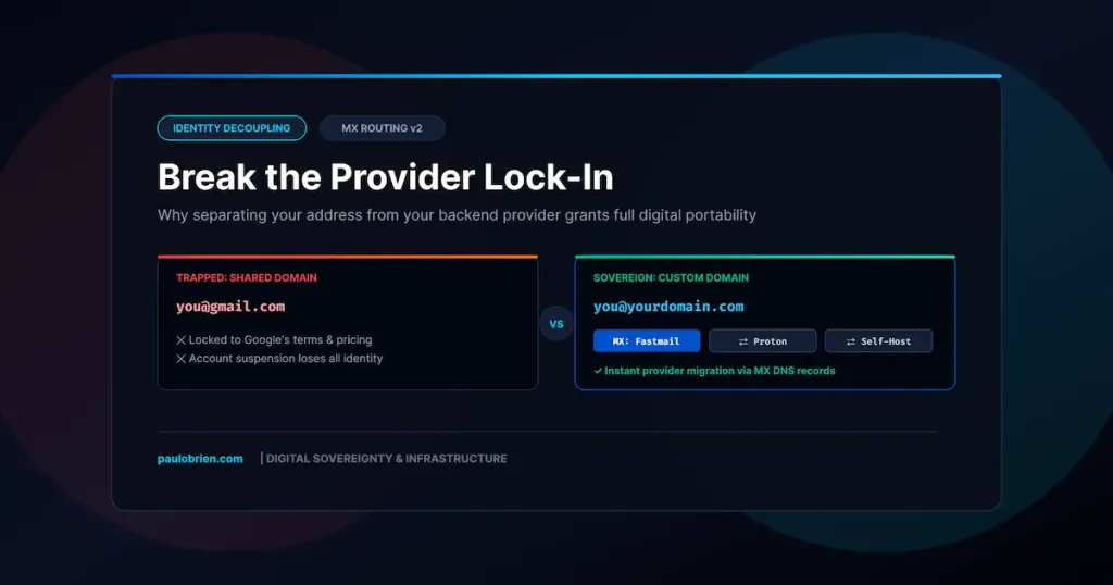 Diagram contrasting shared domain lock-in with custom domain identity sovereignty across email providers.