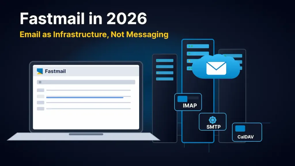 Fastmail 2026 graphic showing laptop webmail interface alongside server racks and IMAP, SMTP, CalDAV badges.