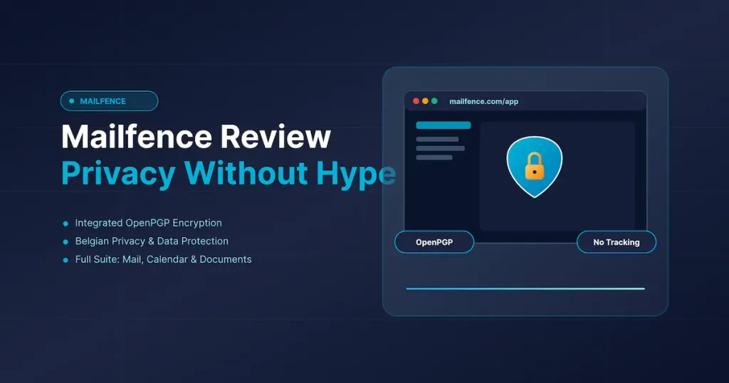 Mailfence Review graphic highlighting OpenPGP encryption, Belgian privacy laws, and no tracking.