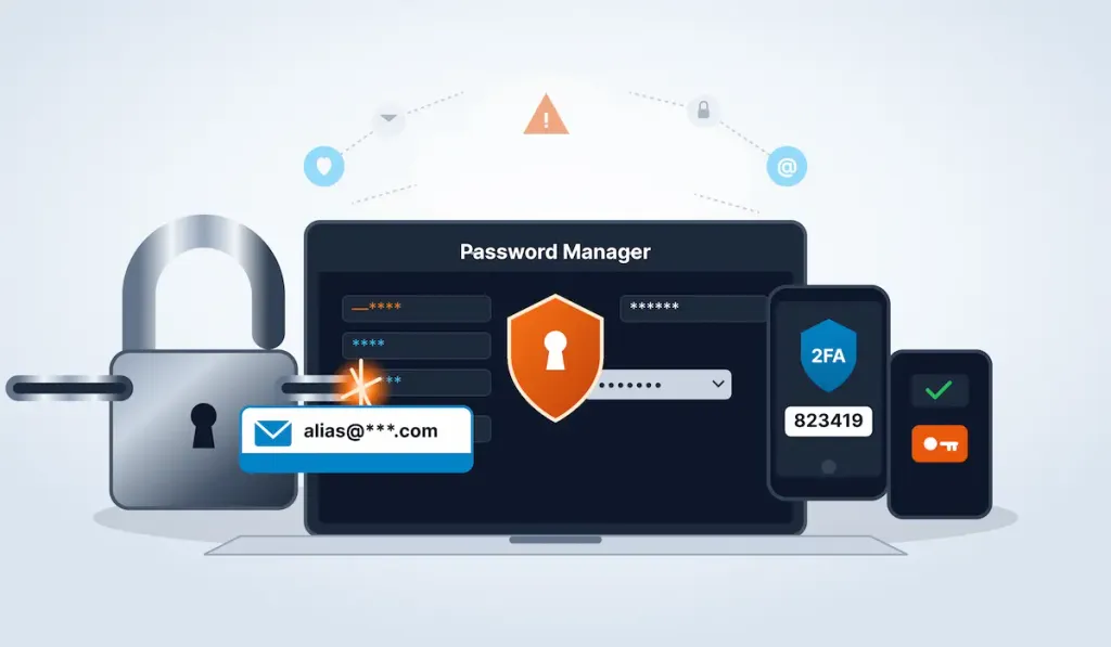 Password manager dashboard graphic showing email alias integration, 2FA authentication, and a secure padlock.