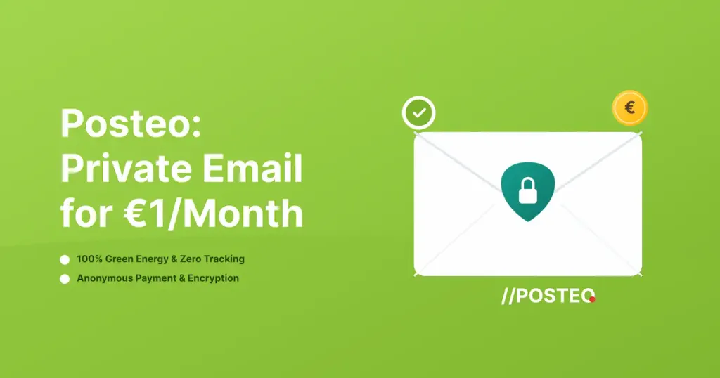 Posteo promo graphic featuring private email for one euro per month, green energy, and zero tracking.