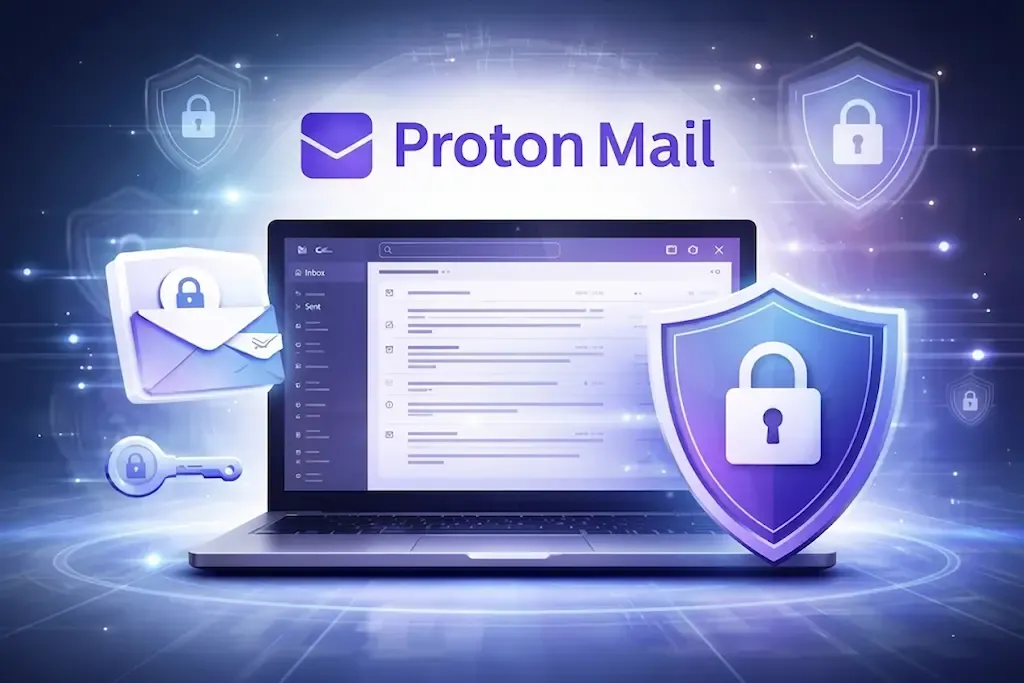 Proton Mail logo above an open laptop displaying an encrypted email interface, surrounded by security shield and padlock icons.