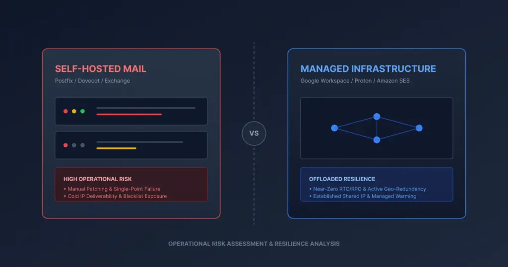 Architectural comparison graphic illustrating self-hosted mail servers versus managed cloud email providers across operational risk metrics.