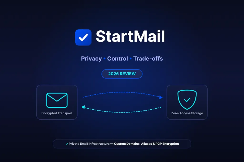 StartMail review graphic showcasing PGP encryption, zero-access storage, custom domain support, and unlimited aliases.