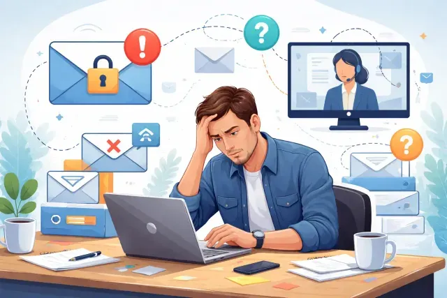 Frustrated user sitting at a desk dealing with email account locks and unhelpful virtual customer support.