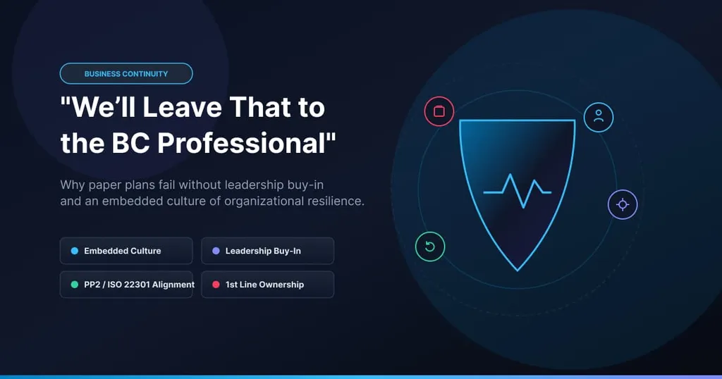 A dark technical graphic titled "We'll Leave That to the BC Professional" featuring a glowing resilience shield, pulse line, and interconnected organisational nodes representing leadership