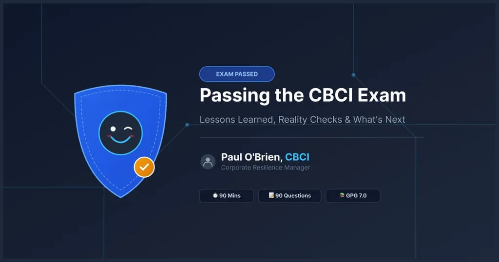 SVG cover image for a blog post titled "Passing the CBCI Exam," featuring a corporate resilience shield, a checkmark badge, and text reading "Paul O'Brien, CBCI."
