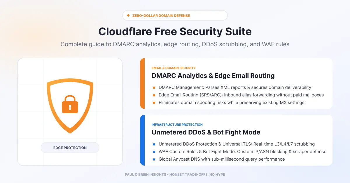 Infographic summarising Cloudflare's free security suite, featuring DMARC management, email routing, DDoS protection, and WAF rules.