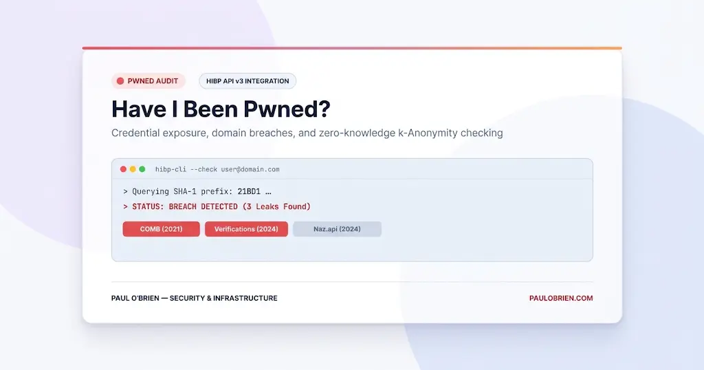 Light-themed interface preview for "Have I Been Pwned?" on a pale purple and white background, displaying mock search results showing breaches detected for a queried credential.