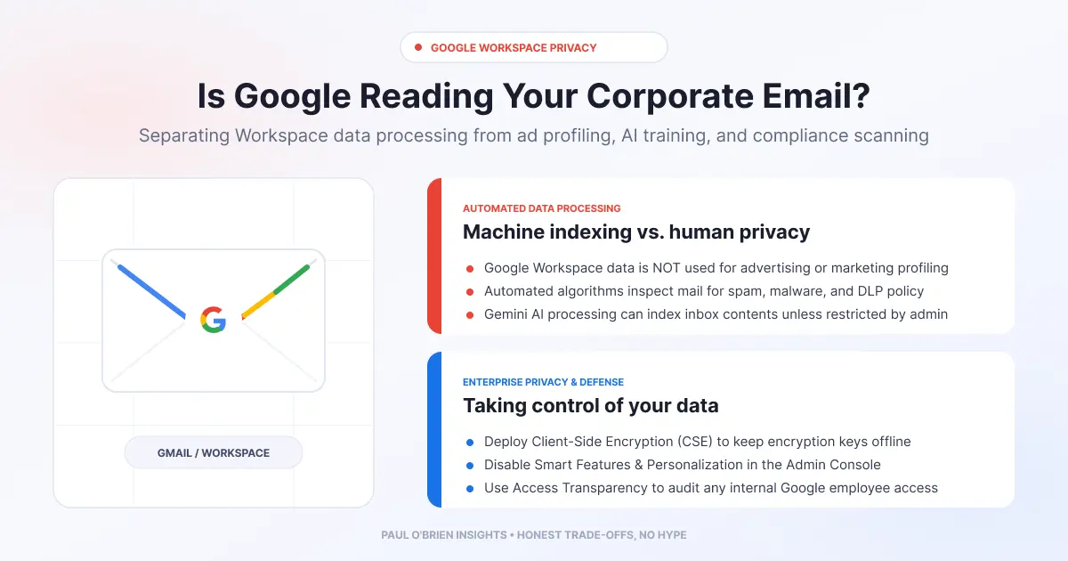 Infographic for "Is Google Reading Your Corporate Email?" featuring a single Google Workspace envelope with key privacy details on automated scanning and enterprise encryption.