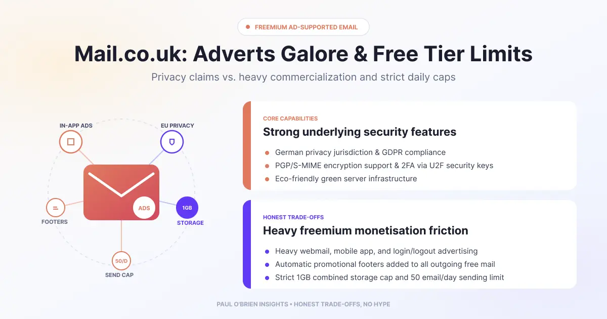 Alt Text:  Infographic titled "Mail.co.uk: Adverts Galore & Free Tier Limits" detailing core capabilities (German privacy, PGP support) and trade-offs (heavy ads, promotional footers, 1GB sto