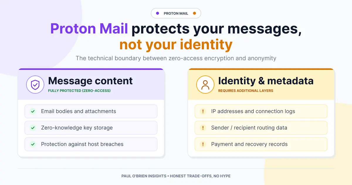 Diagram illustrating that Proton Mail protects message contents with zero-access encryption, but requires extra steps to shield identity, metadata, and IP addresses