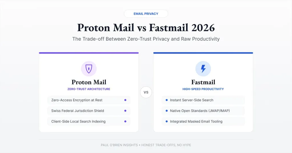 Proton Mail vs Fastmail feature image comparing zero-trust privacy with high-speed productivity on a clean light gray background.