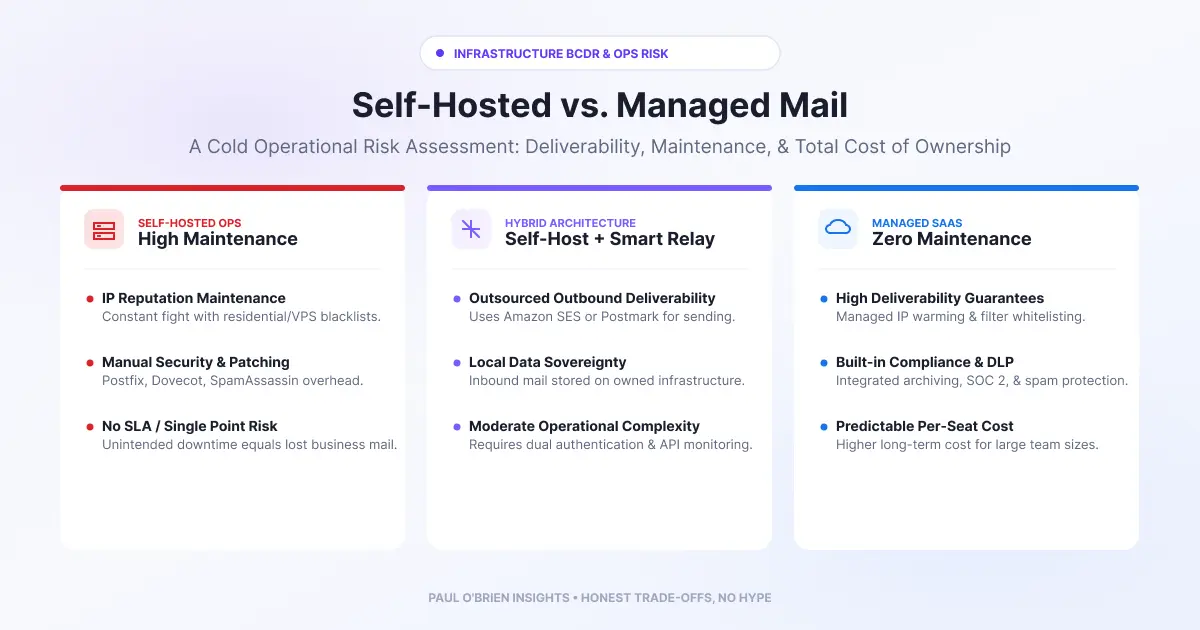 Infographic comparing self-hosted, hybrid, and managed email options on operational risk, deliverability, and maintenance.