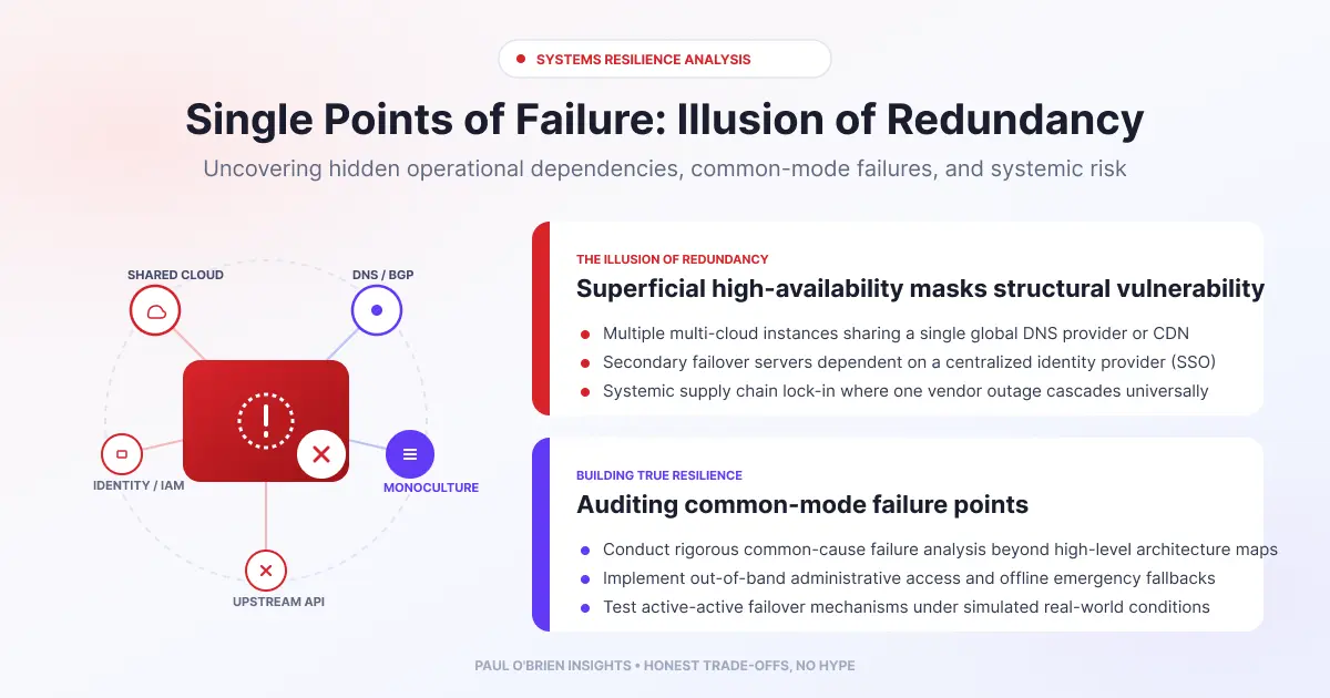 Infographic for "Single Points of Failure" showing core issues (shared DNS/IAM) and resilience strategies (dependency audits).