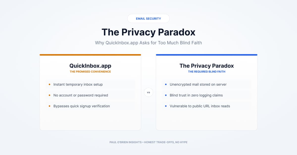 A clean, dual-panel feature graphic comparing the features of QuickInbox.app. The left panel shows the benefits, such as instant setup and no accounts, while the right panel details