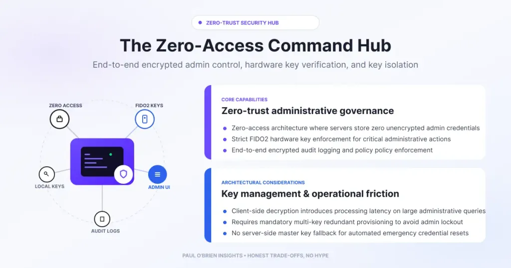 Infographic for "The Zero-Access Command Hub" showing core capabilities (zero-access architecture, FIDO2 keys) and considerations (client-side processing, key redundancy).