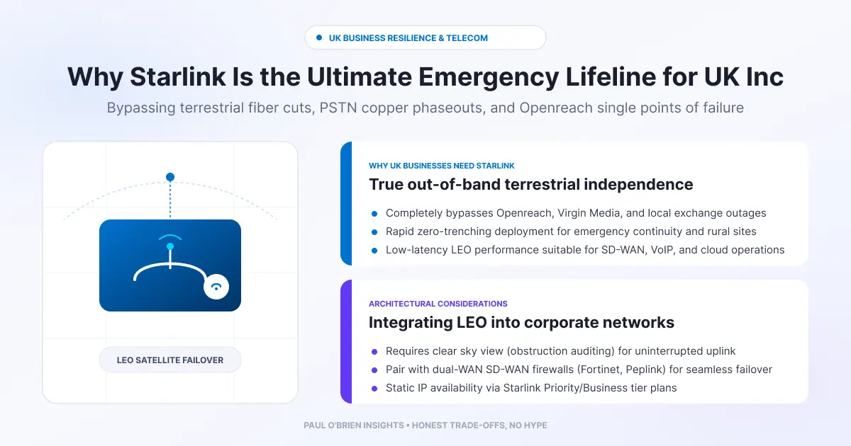 Infographic for "Why Starlink Is the Ultimate Emergency Lifeline for UK Inc" featuring a central Starlink satellite dish alongside core business continuity benefits (terrestrial independence)