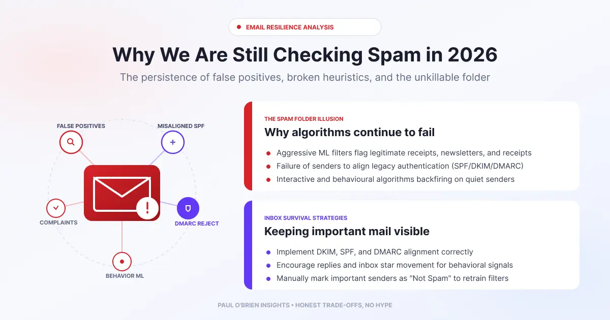 Infographic explaining "Why We Are Still Checking Spam in 2026" and why spam filters fail, featuring inbox survival strategies like standard authentication and behavioral retraining.