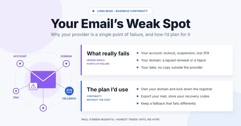 Email envelope linked to account, domain and DNS risks, with a simple continuity plan