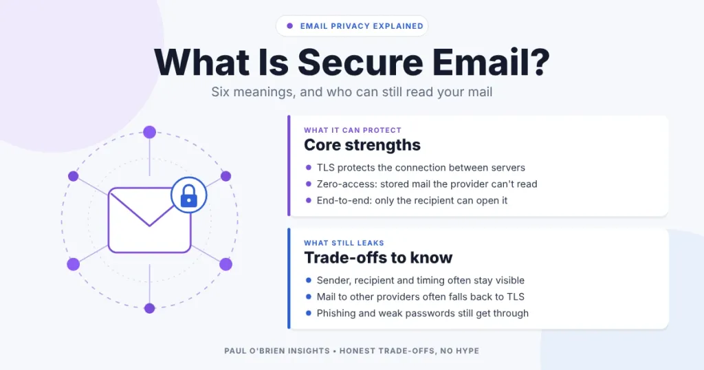 Illustration of an envelope with a padlock, beside two panels listing what secure email protects and what still leaks.