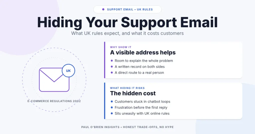 Envelope with a UK badge beside two cards on why a support email address helps and what hiding it risks.