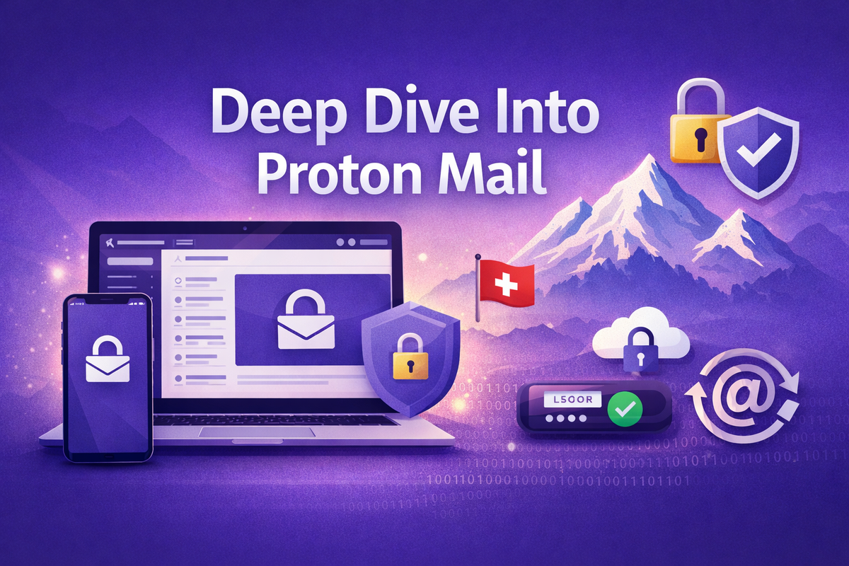Illustration showing Proton Mail’s encrypted email service across desktop and mobile devices, highlighting privacy and security features.