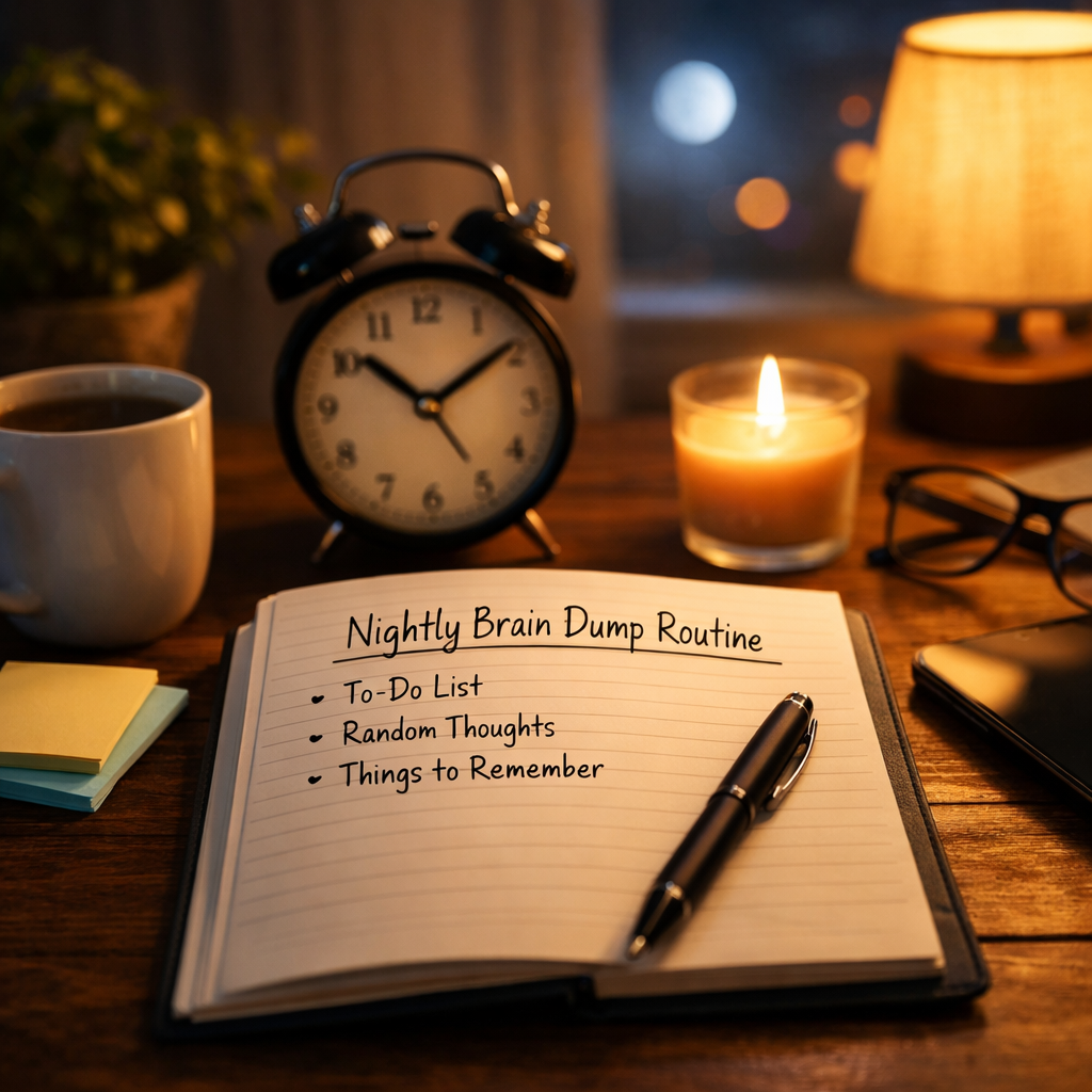 Notebook used for a nightly brain dump routine, writing down thoughts to clear the mind before bed