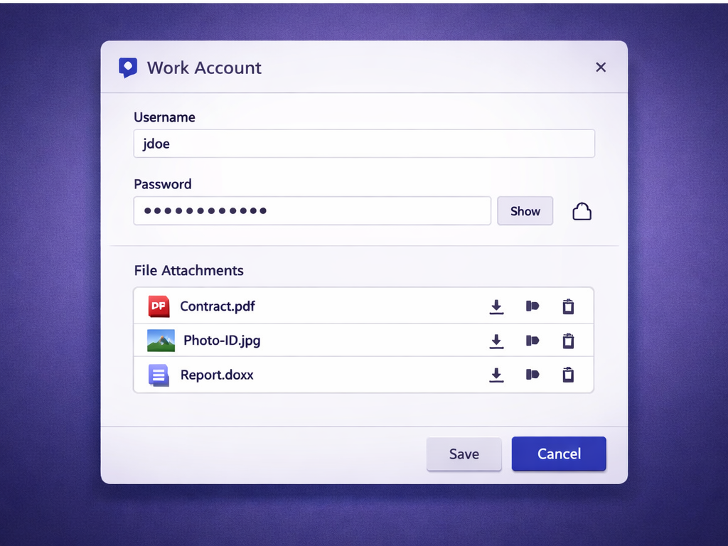 Illustration showing Proton Pass with secure file attachments stored inside an encrypted vault.