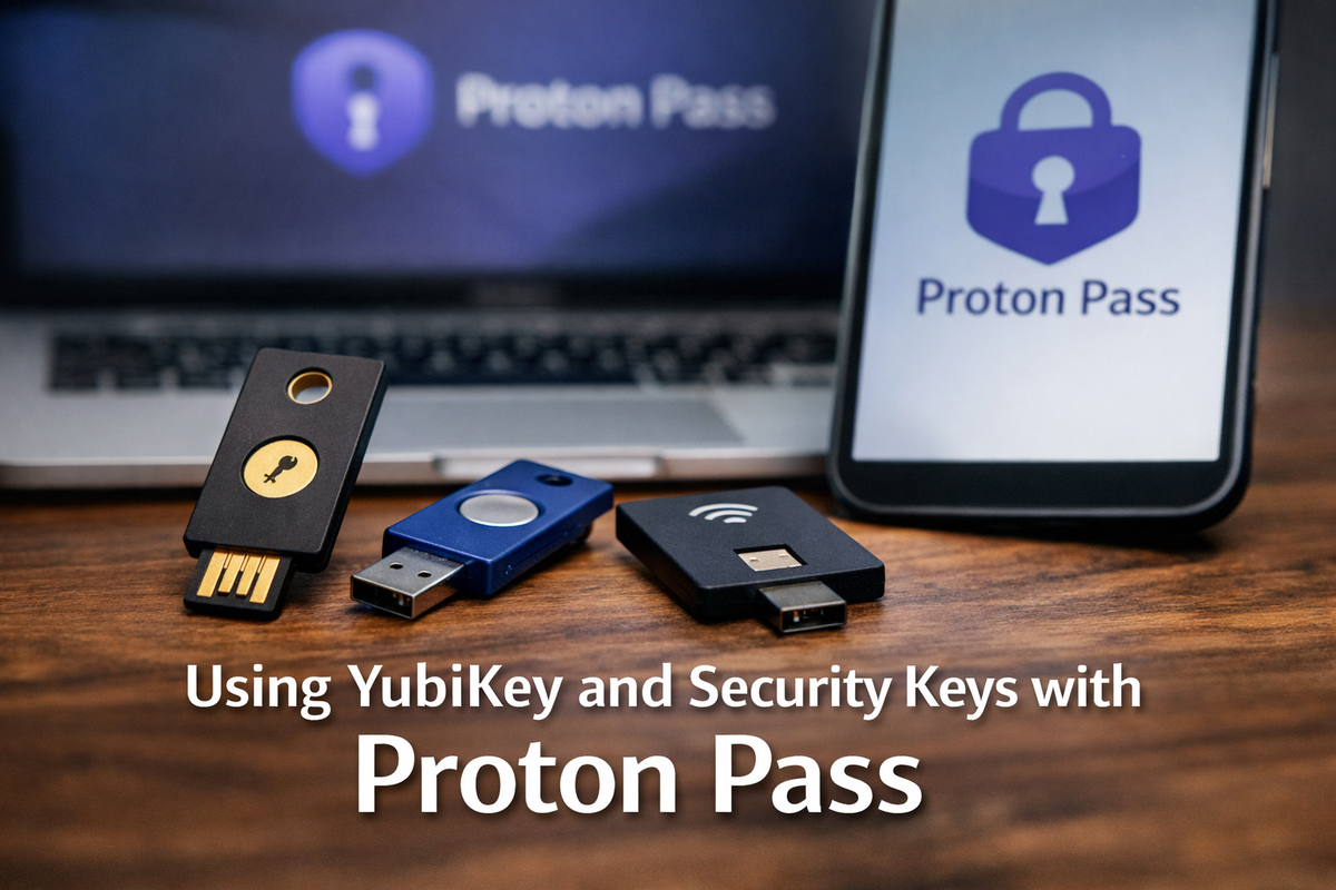 Hardware security keys, including a YubiKey, used with Proton Pass for two-factor authentication