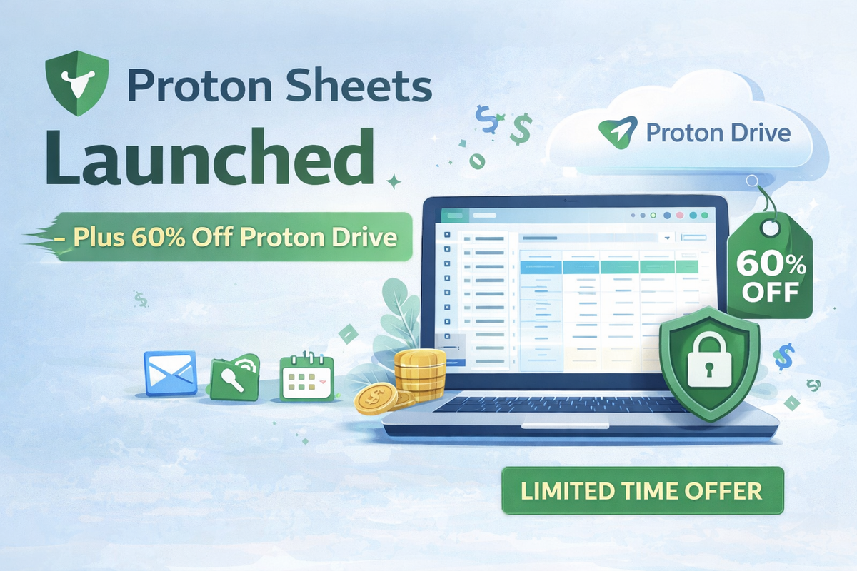 Illustration showing Proton Sheets integrated with Proton Drive, highlighting encrypted spreadsheets and a 60% discount offer.